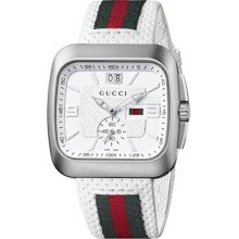 Gucci Men's Stainless Steel G-Coupe Quartz Silver Tone Dial Leather Strap YA131303