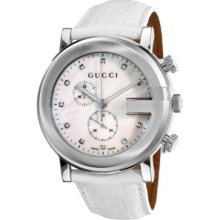 Gucci Men's Swiss Quartz Chronograph Mother-of-Pearl Dial Diamond Accent White Leather Strap Watch