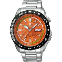 J Springs Automatic Travel Men's Watch with Silver Band and Orange Dial