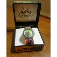 Justin Bieber Rainbow Silicon Strap Purple Bezel Lcd Watch With Box