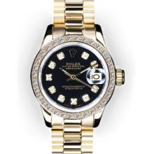 Ladies Black Dial Beadset Bezel Rolex President (428)