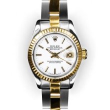 Ladies Two Tone Oyster White Stick Dial Fluted Bezel Rolex Datejust