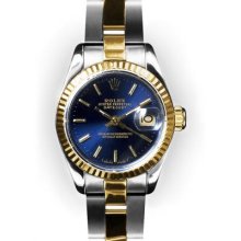 Ladies Two Tone Oyster Blue Stick Dial Fluted Bezel Rolex Datejust