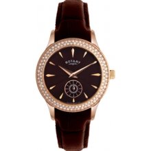 LS02907-16 Rotary Ladies Timepieces Crystals Brown Dial And Leather St...