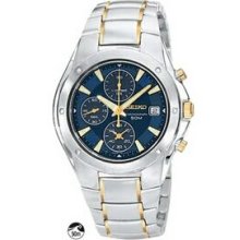 Men`s Seiko Silver Chronograph Watch W/Gold Trim And Blue Face