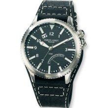 Mens Charles Hubert Leather Band Stainless Steel Black Dial Watch No. 3741-B