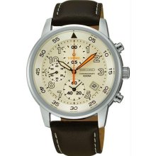 Men's Chronograph Stainless Steel Case Leather Bracelet Cream Tone Dia