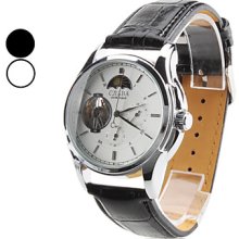 Men's PU Analog Automatic Wrist Watch with Moon-phase Function(Black)