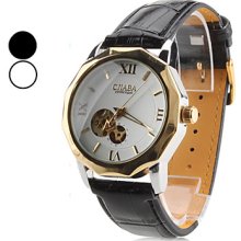 Men's PU Analog Mechanical Engraving Hollow Wrist Watch (Black)