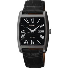 Men's Solar Stainless Steel Rectangle Case Black Leather Strap Black D