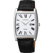 Men's Solar Stainless Steel Rectangle Case Leather Strap White Dial