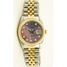 Men's Stainless Steel & Gold Datejust Model 16013 Jubilee Band Tehetian Mother Of Pearl Diamond Dial