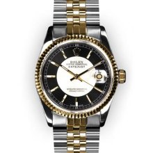 Men's Two Tone Black Tuxedo Stick Dial Fluted Bezel Rolex Datejust