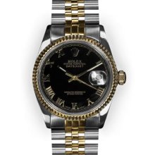 Men's Two Tone Black Roman Dial Fluted Bezel Rolex Datejust (878)