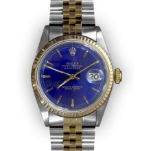 Men's Two Tone Blue Stick Dial Fluted Bezel Rolex Datejust (252)