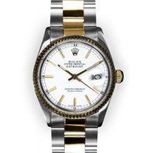 Men's Two Tone Oyster White Stick Dial Fluted Bezel Rolex Datejust