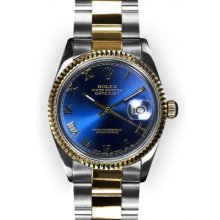 Men's Two Tone Oyster Blue Roman Dial Fluted Bezel Rolex Datejust