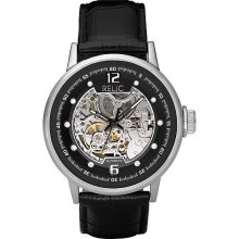 Relic Men's Black Leather Skeleton Dial Watch