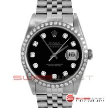 Rolex Mens SS Datejust w/ Black Diamond Dial/Bezel - Jubilee Band