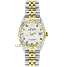 Rolex Mens Watch Ss & Gold Datejust 16013 White Diamond Dial 18k Gold Bezel Mint