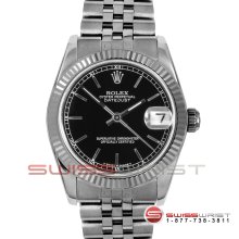 Rolex Midsize Datejust SS 68274 Black Stick Dial - Fluted Jubilee