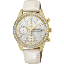 Seiko Ladies Chronograph Gold Tone Stainless Steel Case Mother of Pearl Dial Leather Bracelet Crystals SNDX74