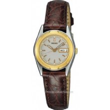 Seiko Ladies' Strap - Stainless and Gold Tone - Rich Dark Brown Strap SWZ156