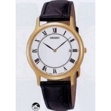 Seiko Men`s Goldtone Quartz Watch W/ Black Strap & Roman Numeral