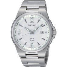 Seiko Men's Solar Stainless Steel Case and Bracelet Silver Dial Date Display SNE209