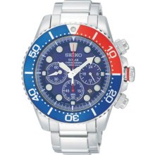 Seiko Men's Stainless Steel Solar Quartz Chronograph Blue Dial Blue and Red Bezel SSC019