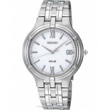 Seiko Solar Mens Stainless Steel Date Watch - Silver/White Dial SNE025