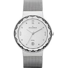 Skagen Denmark Women's Silvertone Mesh Watch with Large Faceted Bezel