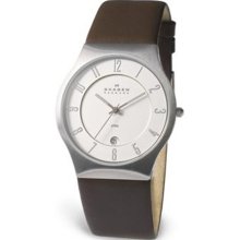 Skagen Men's Classic 233XXLSL Brown Leather Quartz Watch with White Dial