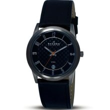 Skagen Men's Stainless Steel Black Leather Strap Watch ...