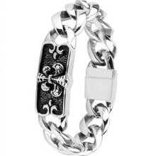 Stainless Steel Biker Bracelet With Fleur De Lis Engraved On Black Plate 911427