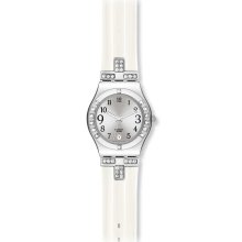 Swatch YLS430 Women's Silver Dial Crystal Accents White Rubber Strap W