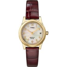 Timex Women's Gold-Tone Case, Mother-Of-Pearl Dial, Burgundy Leather