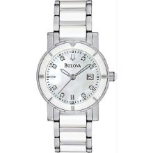 Women's White Ceramic And Stainless Steel Quartz Mother Of Pearl Diamo